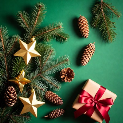 Christmas decorations with pine and gifts