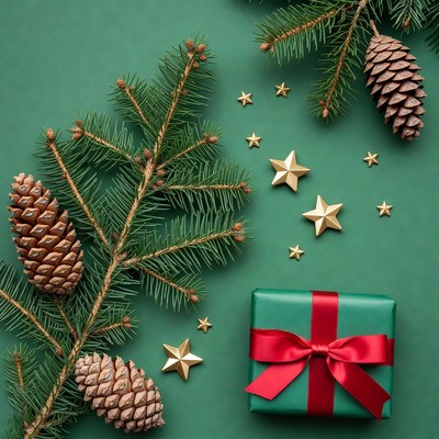 Green background with holiday decorations