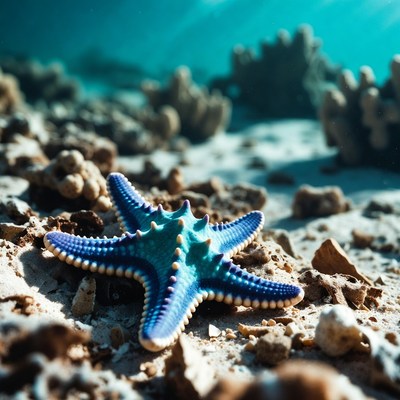 Blue starfish on sandy ocean floor