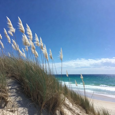 Beach with grass and blue sky