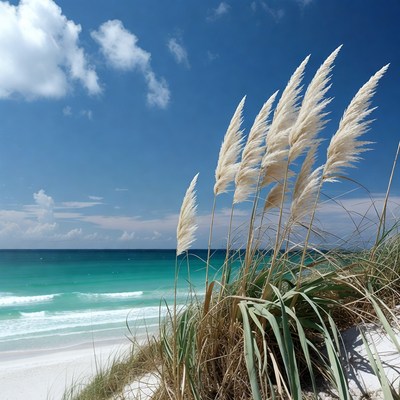 Grass sways by the beach under blue sky