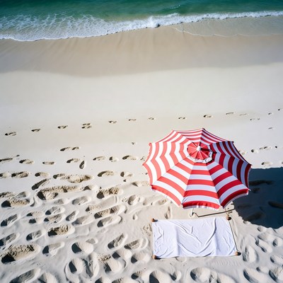 Empty beach with striped umbrella