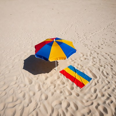 Colorful umbrella and towel at beach