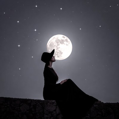 Woman sits under full moon