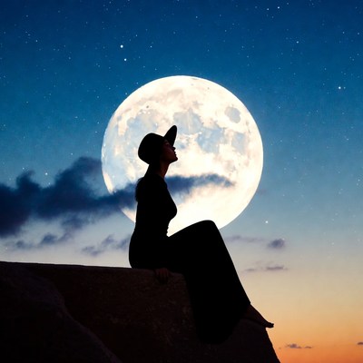 Woman sitting under full moon