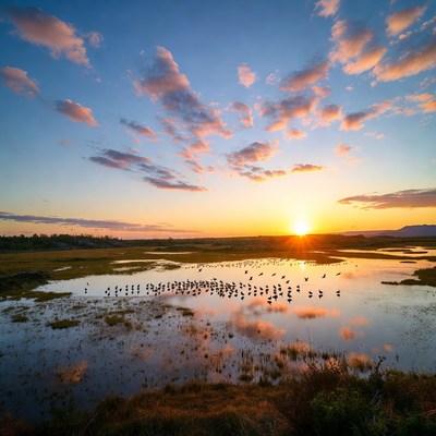 Birds flying at sunset over wetland
