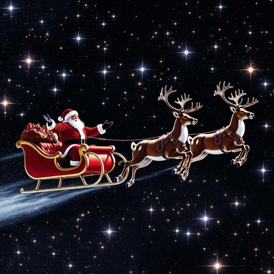 Santa flying with reindeer at night
