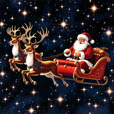 Santa rides sleigh with reindeer in space