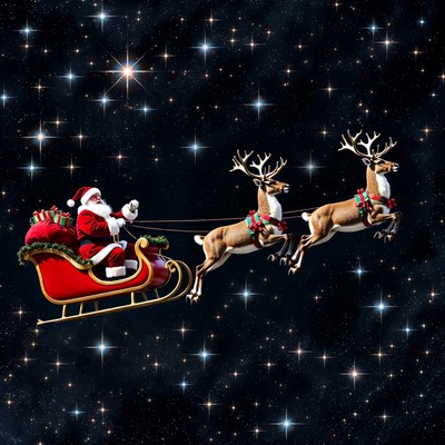 Santa flies through starry night