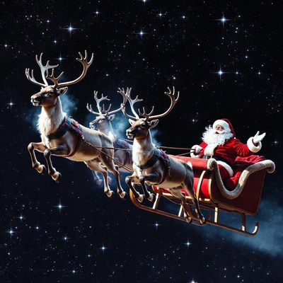 Santa and reindeer flying in space
