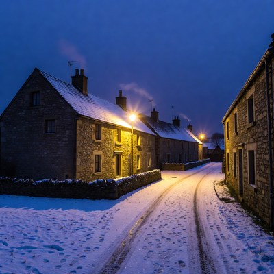Snowy village at night