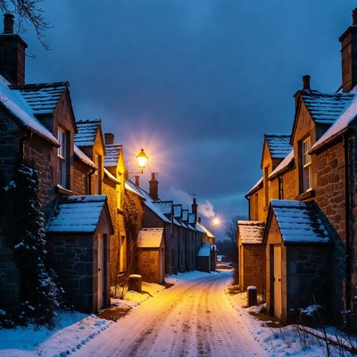 Snowy village street at dusk