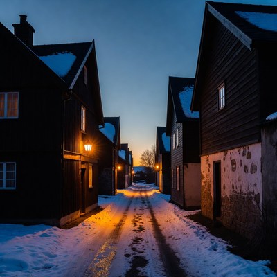 Snowy street at dusk in winter
