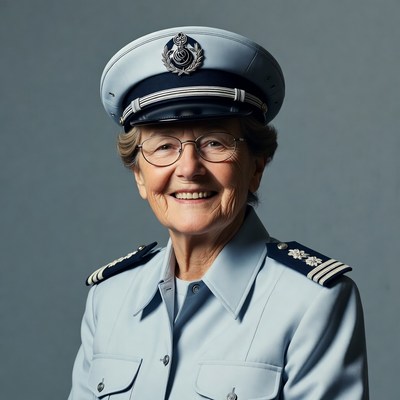 Female officer in uniform smiles warmly indoors