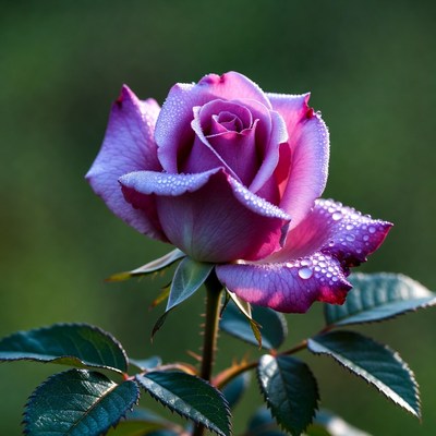 Purple rose with water droplets on petals