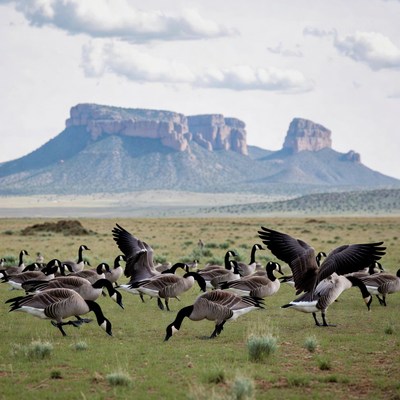 Geese gathering near mountains