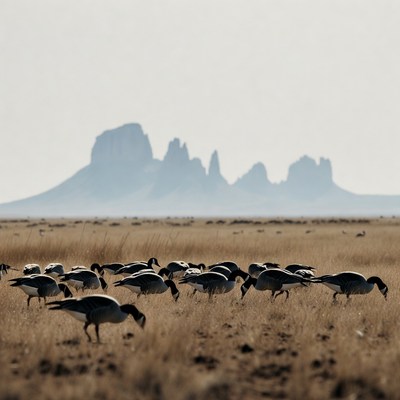 Birds foraging in open field