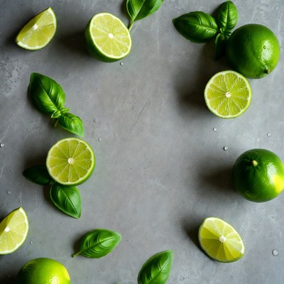 Lime and basil on gray surface