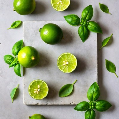 Limes and basil on gray surface