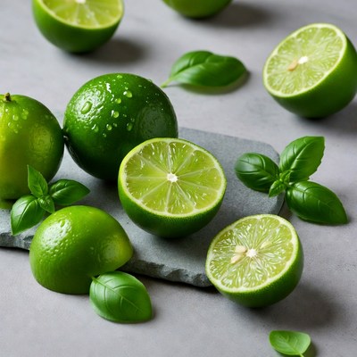 Fresh limes and basil on stone