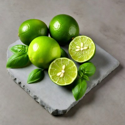 Fresh limes on a stone surface