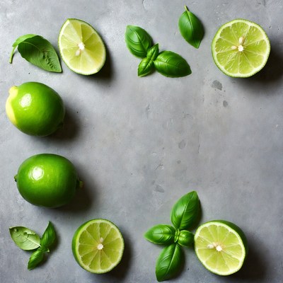 Lime and basil composition on gray surface