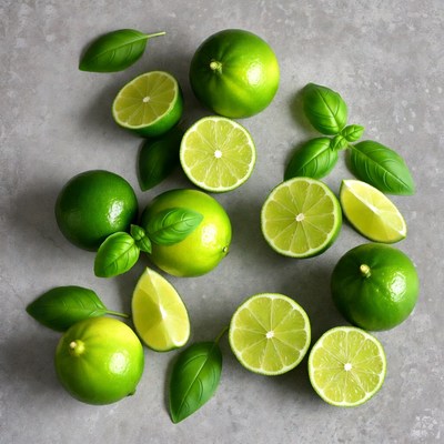 Fresh limes and basil on a gray surface