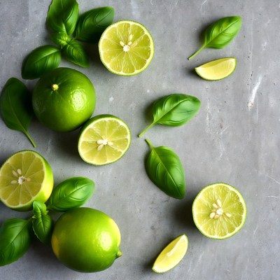 Fresh limes and basil on gray surface