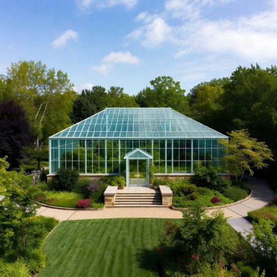 Greenhouse surrounded by gardens in daytime