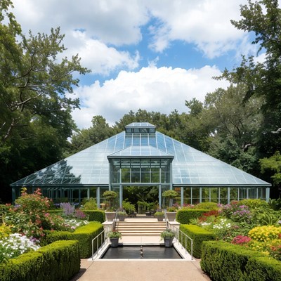 Glasshouse in green garden setting