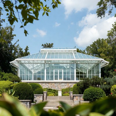 Garden conservatory under bright sky