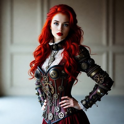 Model in steampunk outfit poses indoors