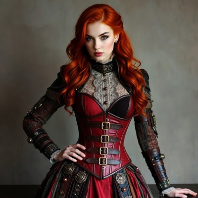 Woman in red corset outfit stands still