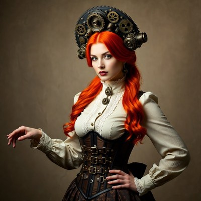 Woman in steampunk attire with gears