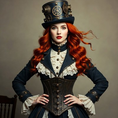 Woman in steampunk outfit poses confidently