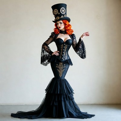 Woman in steampunk fashion posing indoors