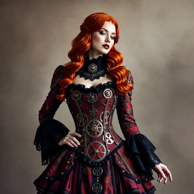 Woman in red steampunk attire
