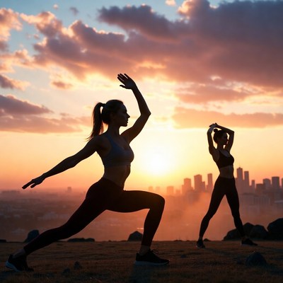 Women exercising at sunset in the city