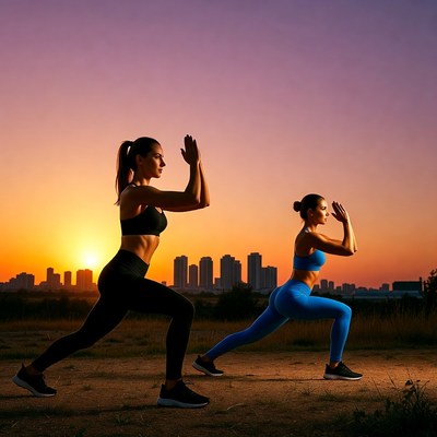 Women exercising at sunset in city