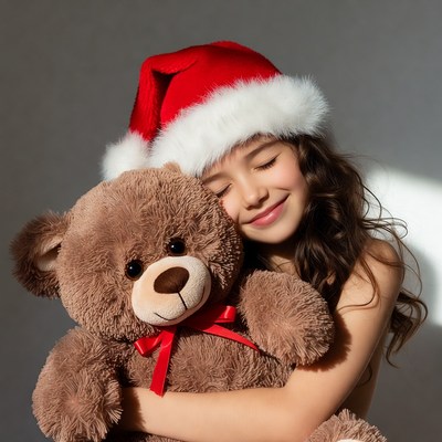 Child with teddy bear at christmas