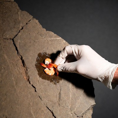 Hand placing shrimp on rock