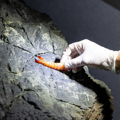 Hand places shrimp on rock