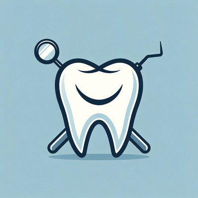 Cartoon tooth with dental tools in background