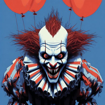 Clown holding red balloons in blue sky