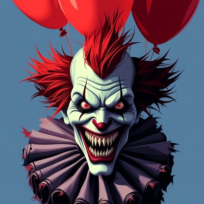 Clown with red balloons in blue sky