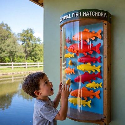 Boy observes fish display at fish hatchery
