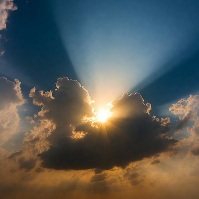 Sunrise through clouds over horizon