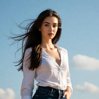 Young woman poses against blue sky