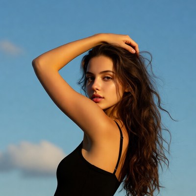 Model poses with hair at sunset