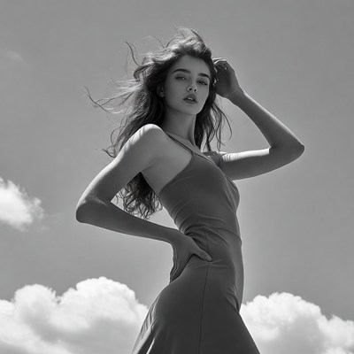 Model poses under cloudy sky